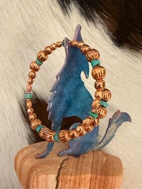 ❤️ Native American Artisan Heishi Turquoise Beads & Copper Pearls Adj Bracelet